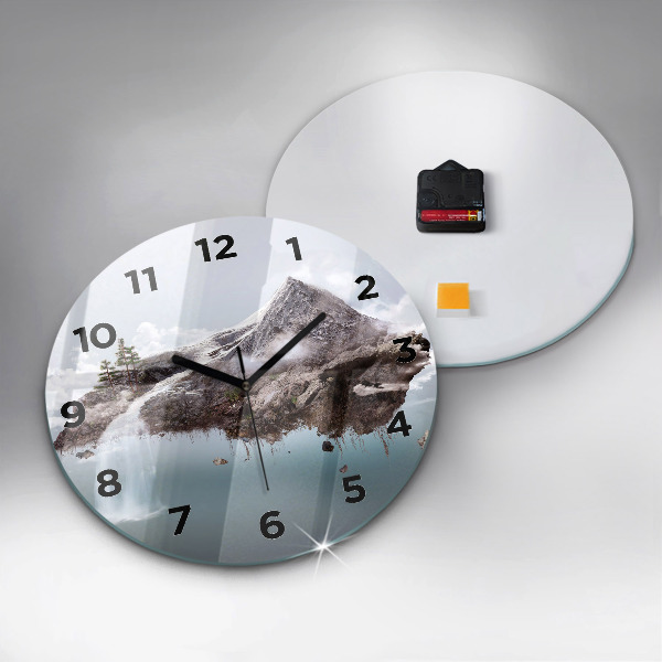 Round glass wall clock Flying Island and Waterfall