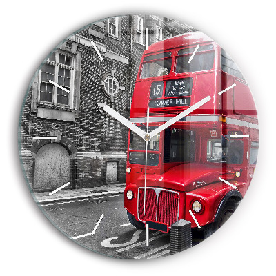 Round glass wall clock Red double-decker bus