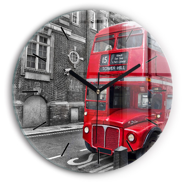 Round glass wall clock Red double-decker bus