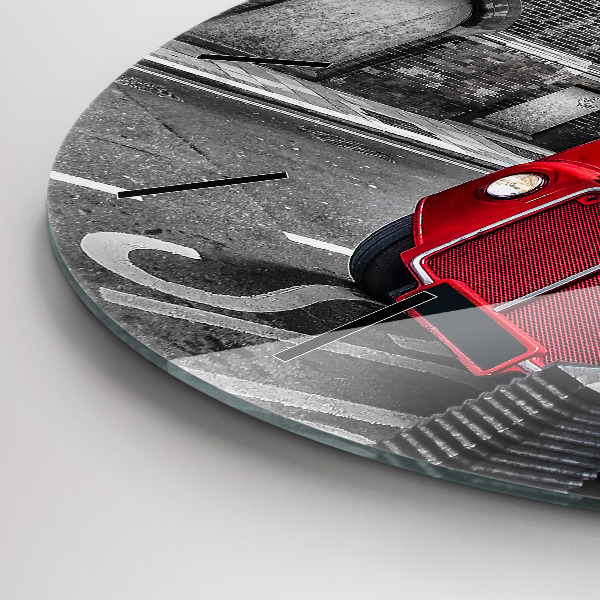 Round glass wall clock Red double-decker bus