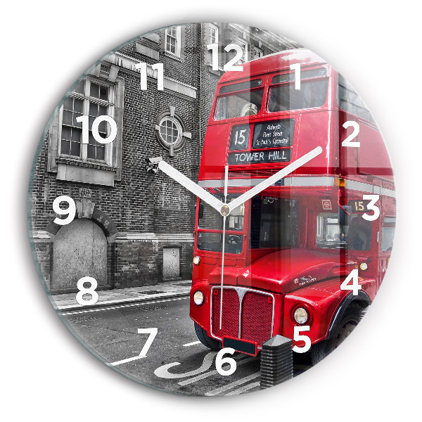 Round glass wall clock Red double-decker bus