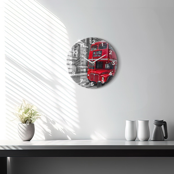 Round glass wall clock Red double-decker bus