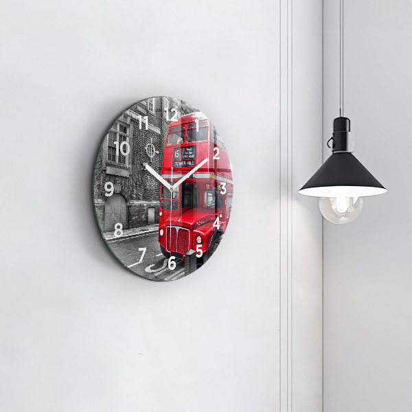 Round glass wall clock Red double-decker bus