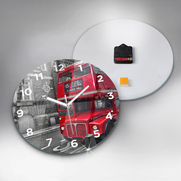 Round glass wall clock Red double-decker bus