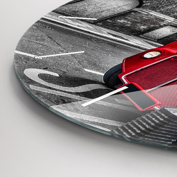 Round glass wall clock Red double-decker bus