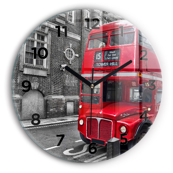 Round glass wall clock Red double-decker bus
