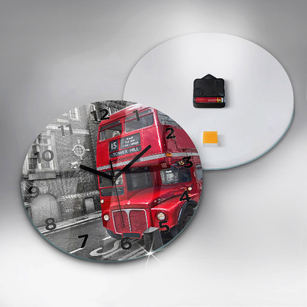 Round glass wall clock Red double-decker bus
