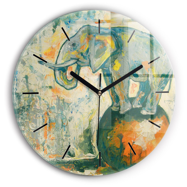 Round glass wall clock Painted elephant posture