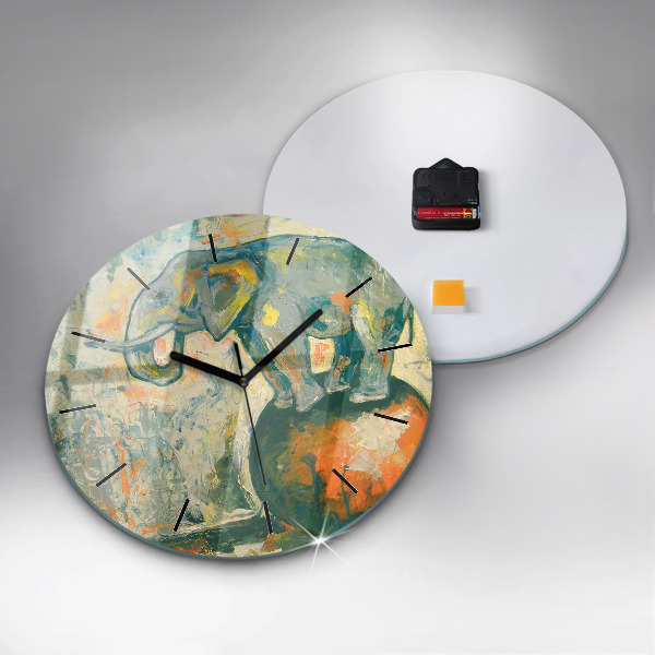 Round glass wall clock Painted elephant posture