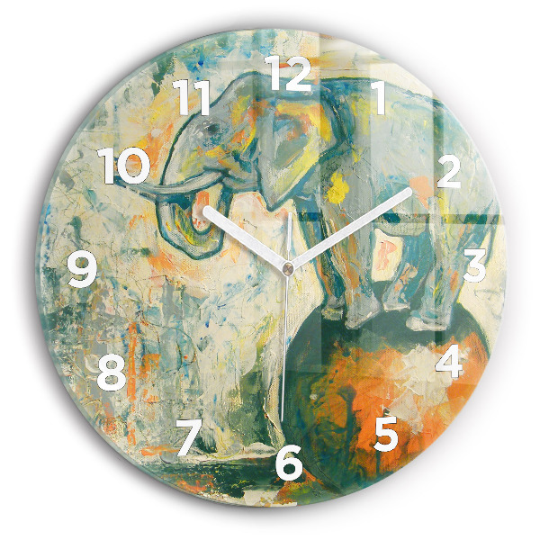 Round glass wall clock Painted elephant posture