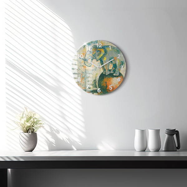 Round glass wall clock Painted elephant posture