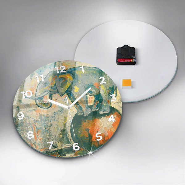 Round glass wall clock Painted elephant posture