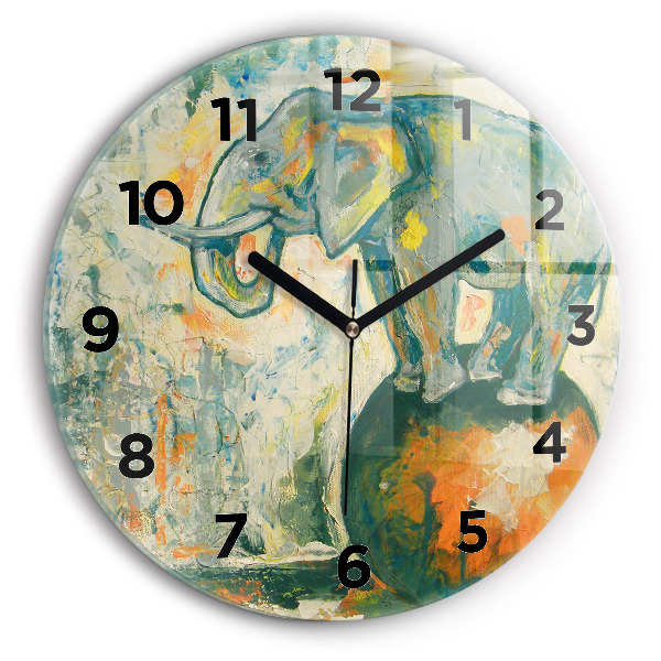 Round glass wall clock Painted elephant posture