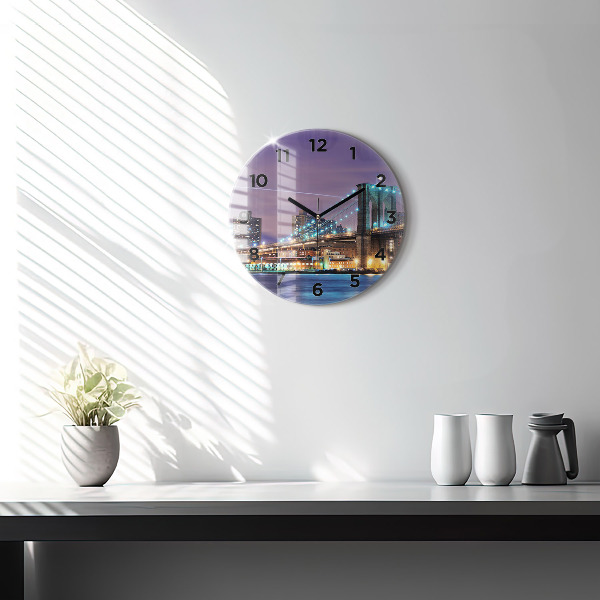 Round glass wall clock Brooklyn Bridge and East River