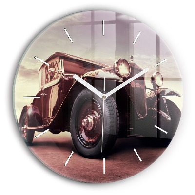 Round glass wall clock Vintage car