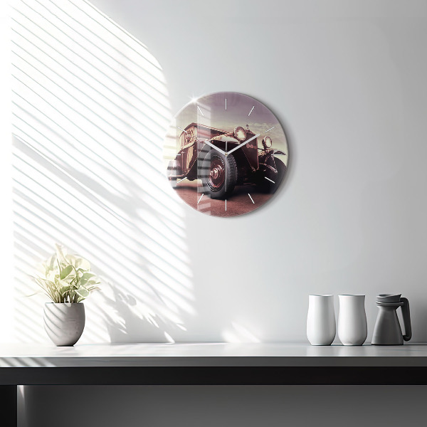 Round glass wall clock Vintage car