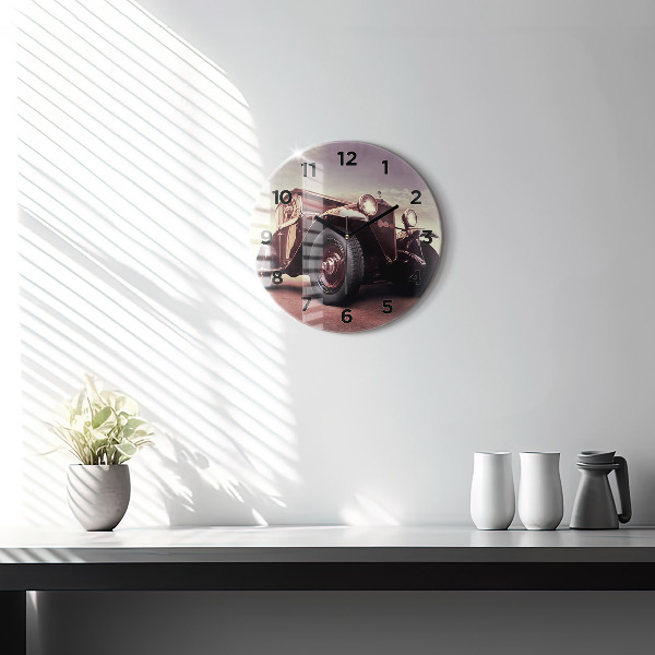 Round glass wall clock Vintage car