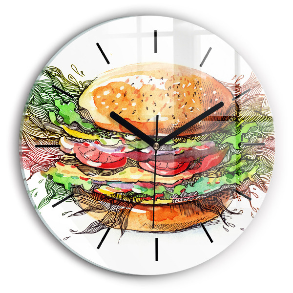 Round glass wall clock XXL Cheese Burger