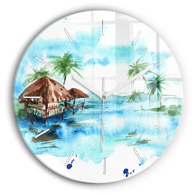 Round glass wall clock Picture of a deserted island