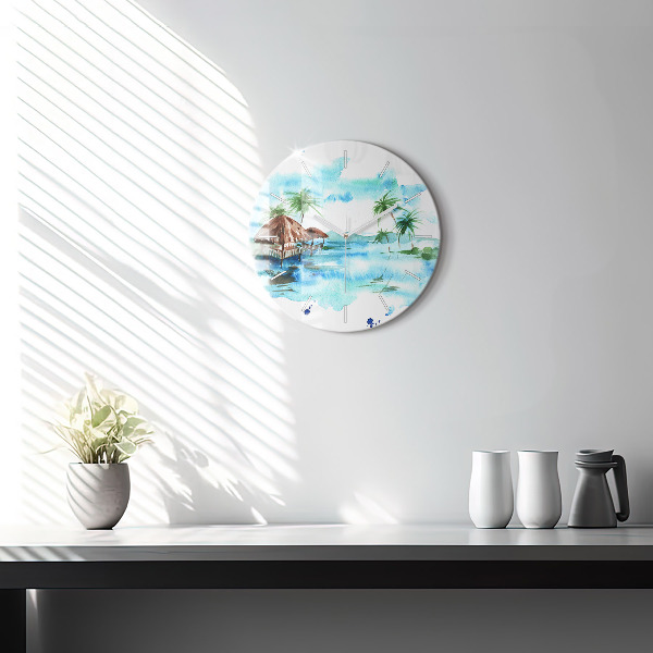 Round glass wall clock Picture of a deserted island