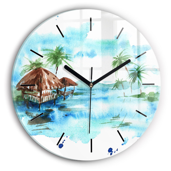 Round glass wall clock Picture of a deserted island