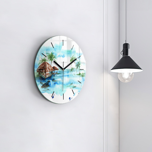 Round glass wall clock Picture of a deserted island