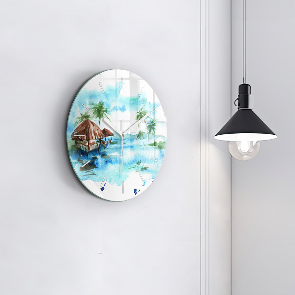 Round glass wall clock Picture of a deserted island