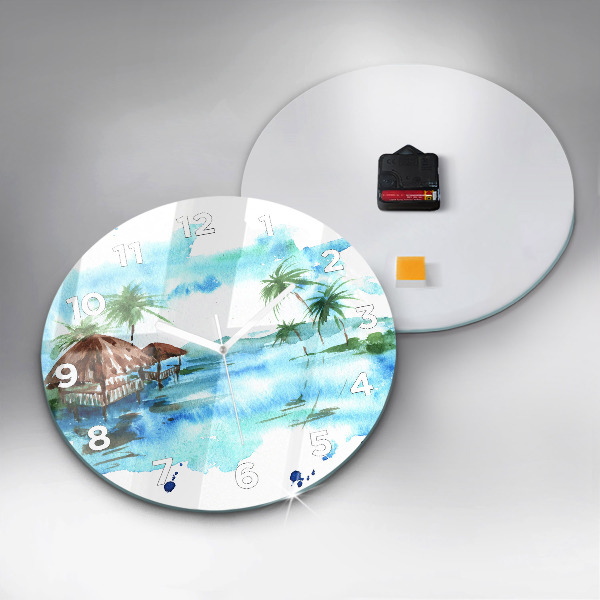 Round glass wall clock Picture of a deserted island