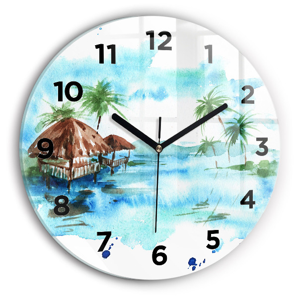 Round glass wall clock Picture of a deserted island