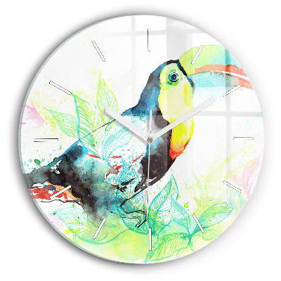Round glass wall clock Toucan in the grass