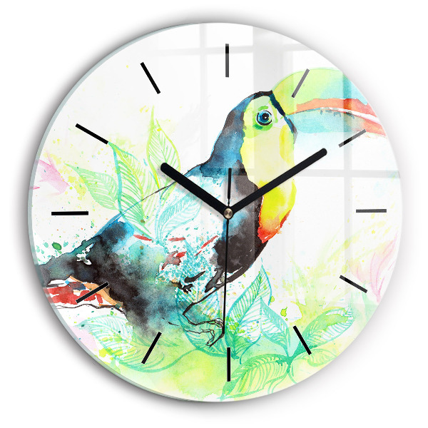 Round glass wall clock Toucan in the grass