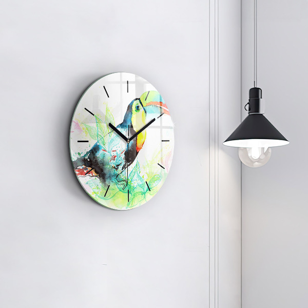 Round glass wall clock Toucan in the grass