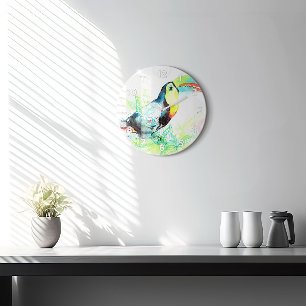 Round glass wall clock Toucan in the grass