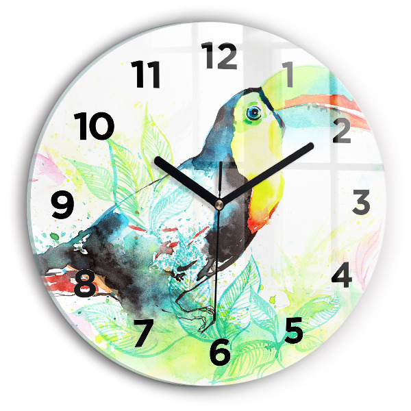 Round glass wall clock Toucan in the grass