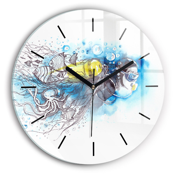 Round glass wall clock Underwater fish life