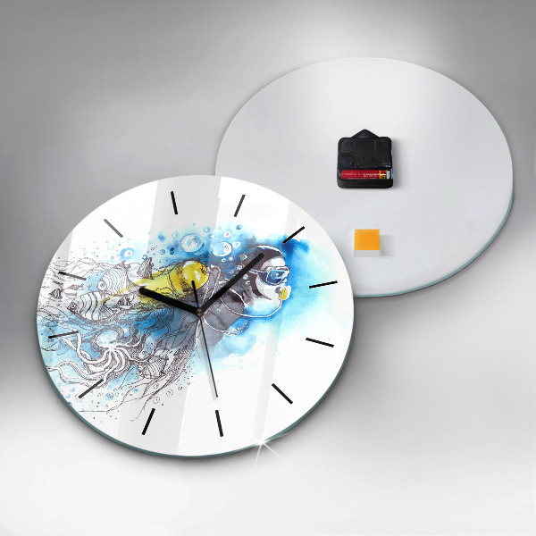 Round glass wall clock Underwater fish life