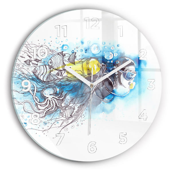 Round glass wall clock Underwater fish life