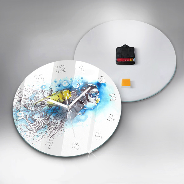 Round glass wall clock Underwater fish life