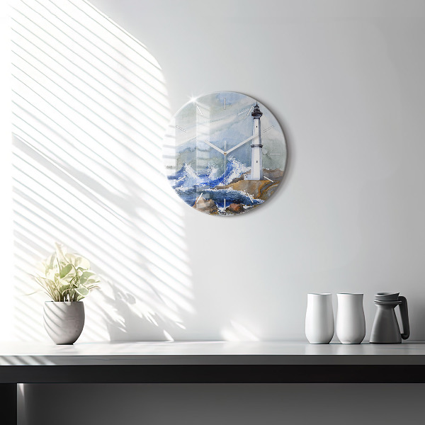 Round glass wall clock The sea and the lighthouse