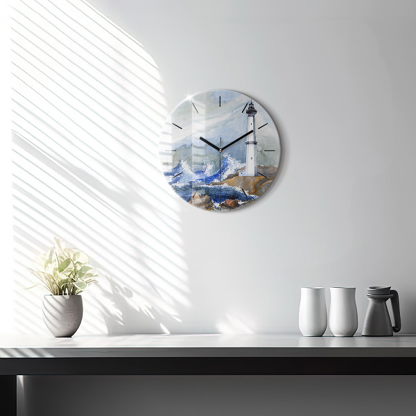 Round glass wall clock The sea and the lighthouse