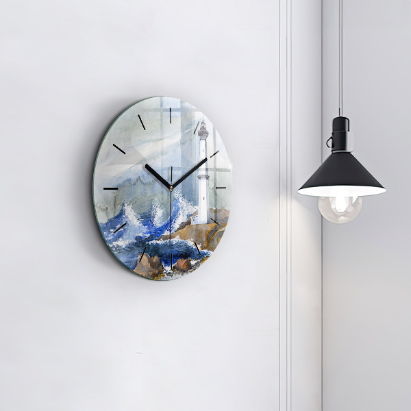 Round glass wall clock The sea and the lighthouse