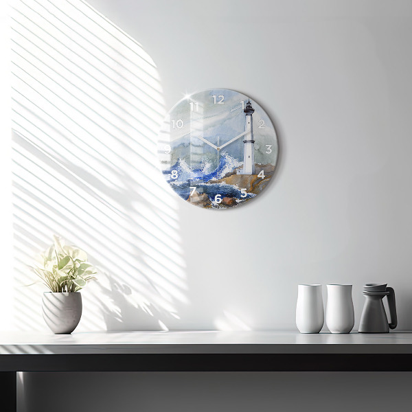 Round glass wall clock The sea and the lighthouse