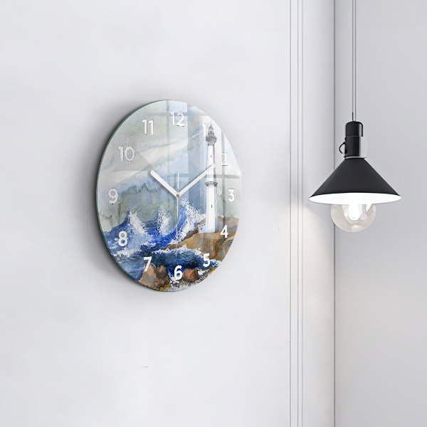 Round glass wall clock The sea and the lighthouse