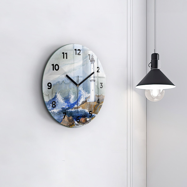 Round glass wall clock The sea and the lighthouse