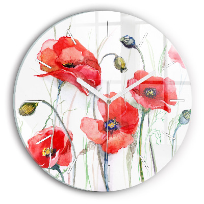 Round glass wall clock Painted Red Poppies