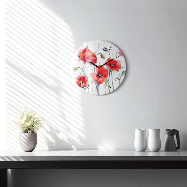 Round glass wall clock Painted Red Poppies