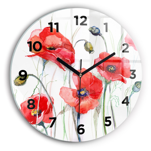 Round glass wall clock Painted Red Poppies