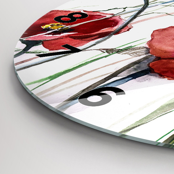 Round glass wall clock Painted Red Poppies
