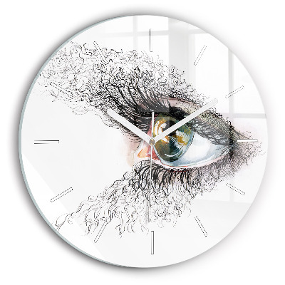 Round glass wall clock Drawing of a human eye