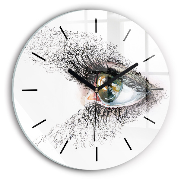 Round glass wall clock Drawing of a human eye